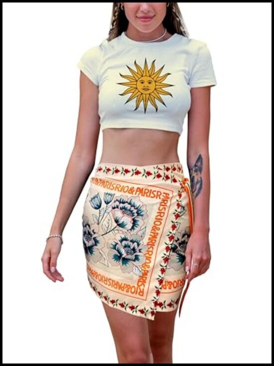 Dresses & Skirts - High Waist A-Line Wrap Skirt Floral Boho Beach Vacation Tie Skirt